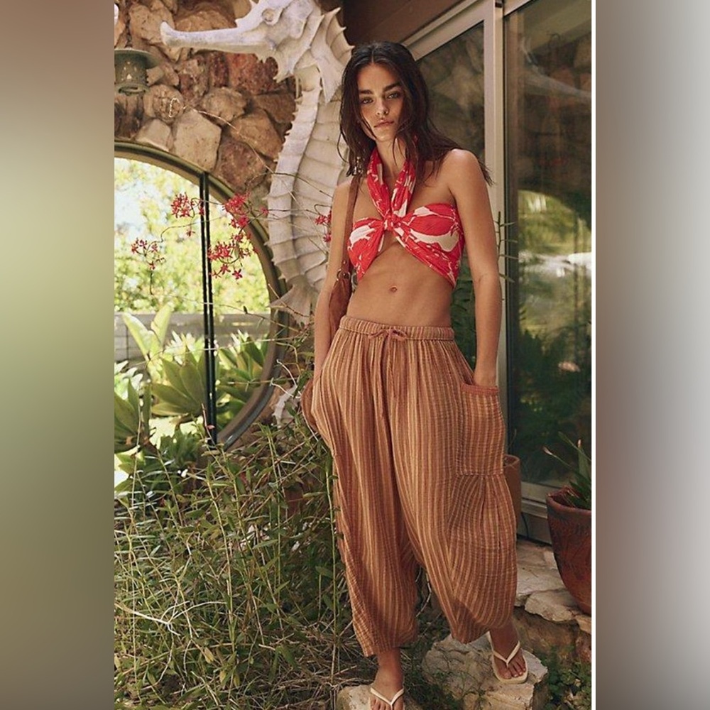 Free People Wide-Leg Striped Harem Pants in Rust Tan